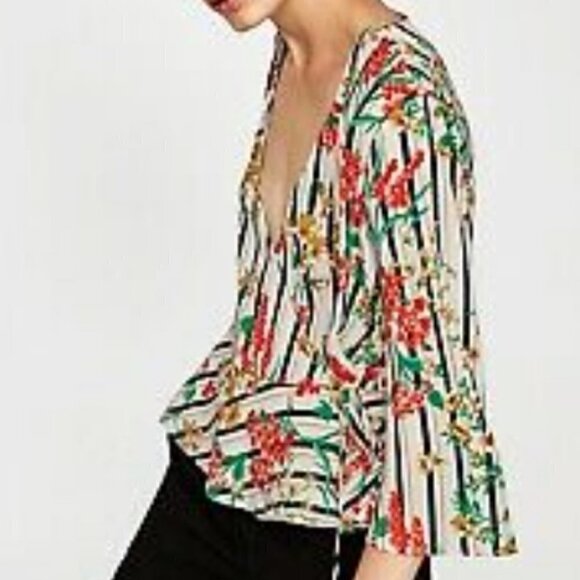 ZARA Multi color Blouse cache Flowers Wrap Striped - Picture 6 of 12